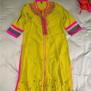 Vibrant Yellow and Pink Embroidered Kurta